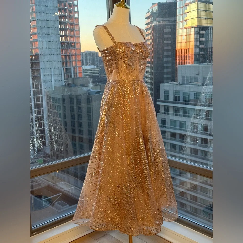 🆕 BRONX & BANCO 🧿 NWOT Mademoiselle Gold Sequin Midi Dress , Size XS US 2 - Picture 5 of 17